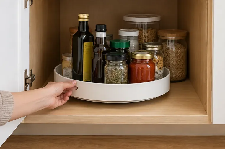 A round turntable inside a deep cabinet holding bottles and jars, with a hand rotating the tray.