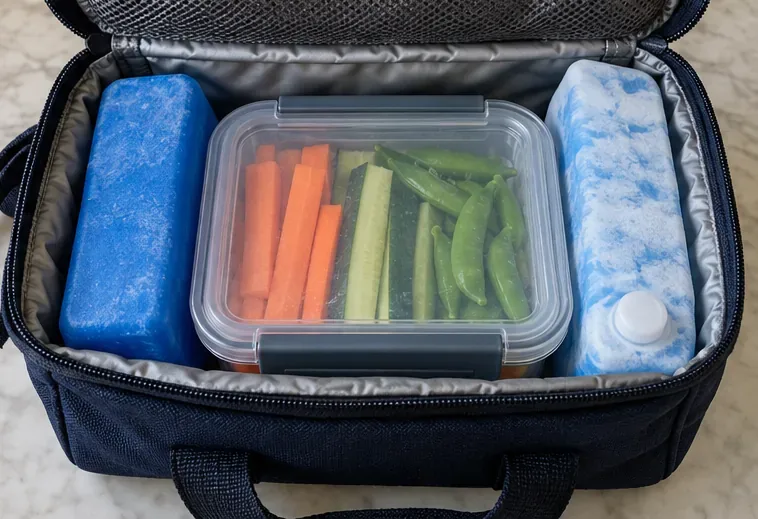 A sealed container of cut vegetables packed between frozen cold packs inside an insulated lunch bag