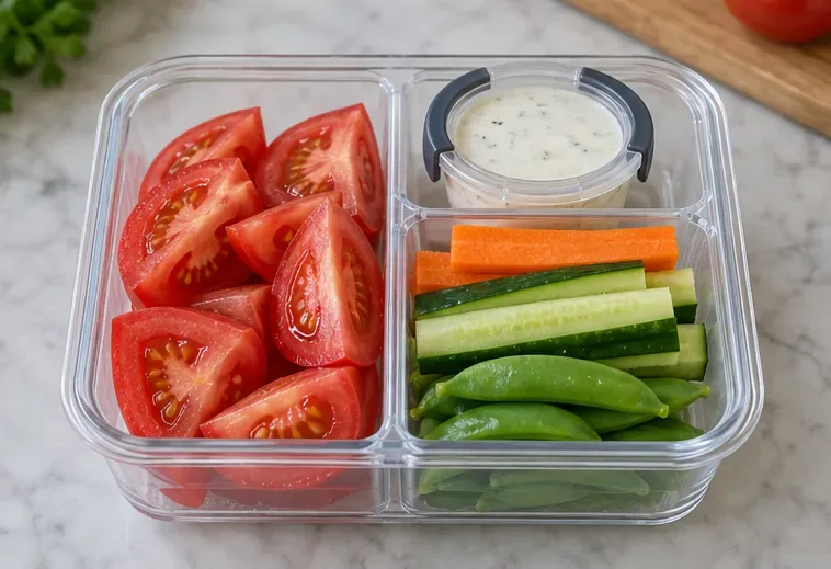 Tomato wedges and a sealed dip cup separated from dry carrot, cucumber, and snap pea sticks in a divided container