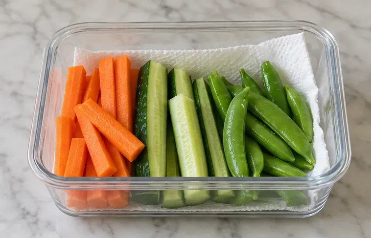 Carrot sticks, cucumber spears, and snap peas arranged in a rigid container with a paper towel along the side