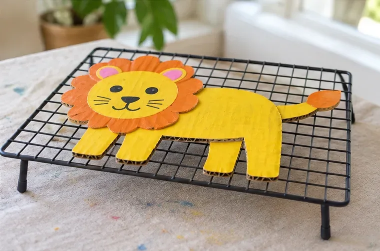A brightly painted cardboard lion rests flat on a raised wire rack while it dries