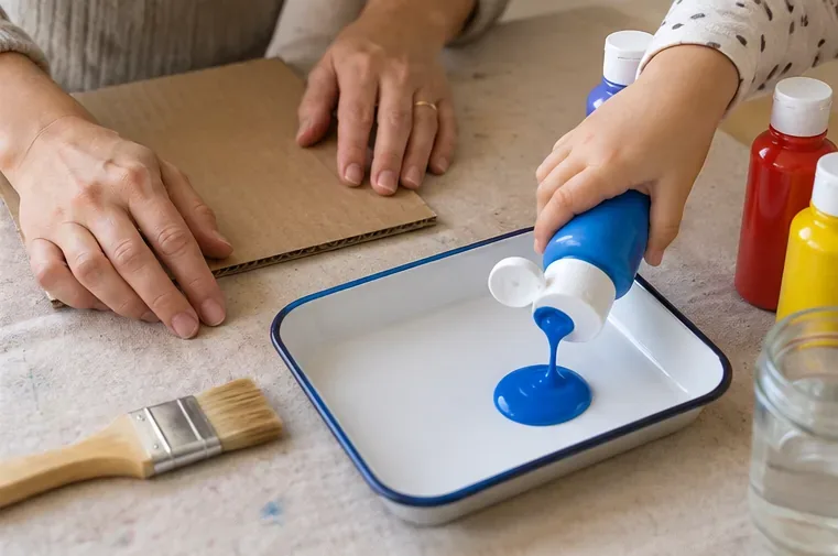 A small amount of blue tempera paint is squeezed into a shallow tray beside a brush and cardboard