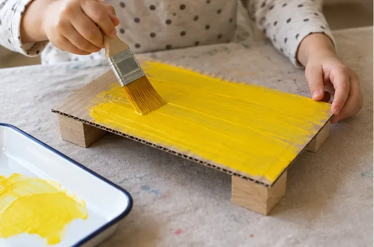 A child uses a broad brush to spread a thin yellow coat over cardboard supported above the table