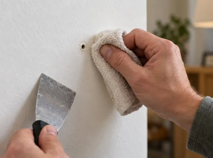 A hand wipes dust around a small nail hole in a white drywall wall while a putty knife rests nearby.