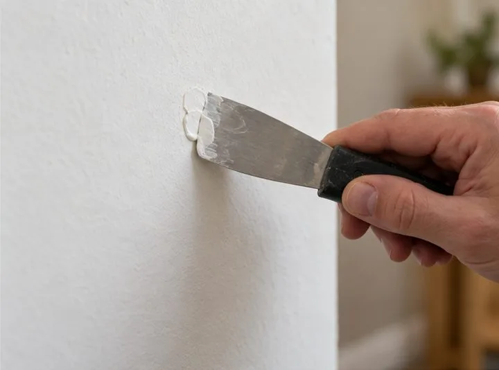 A putty knife presses a small dab of white patching compound over a shallow hole in drywall.