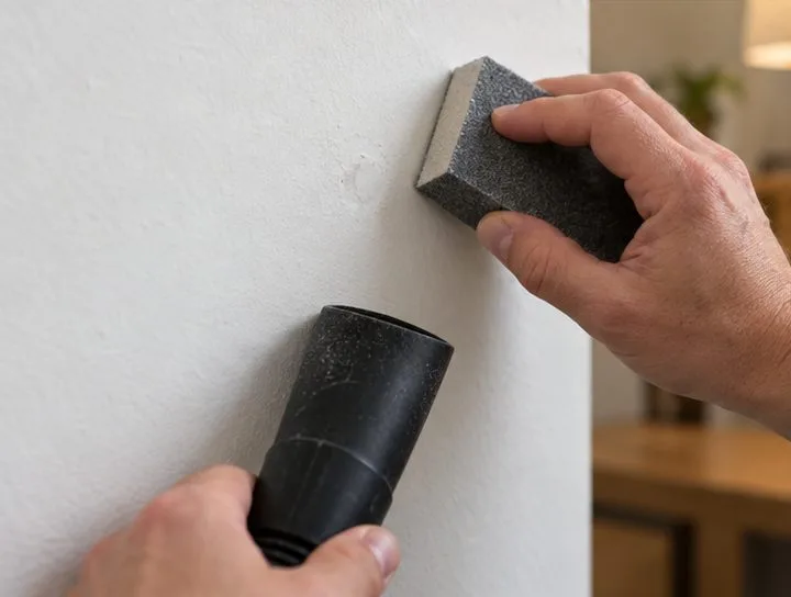 A person lightly smooths a dried wall patch with a sanding sponge while holding a vacuum nozzle below it.