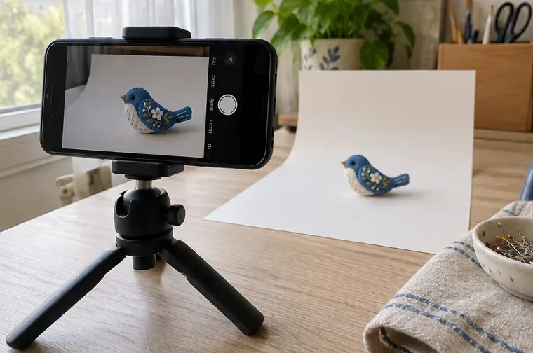 Um smartphone é fixado em um pequeno tripé de mesa e apontado para o broche a partir de uma distância de trabalho estável e próxima.