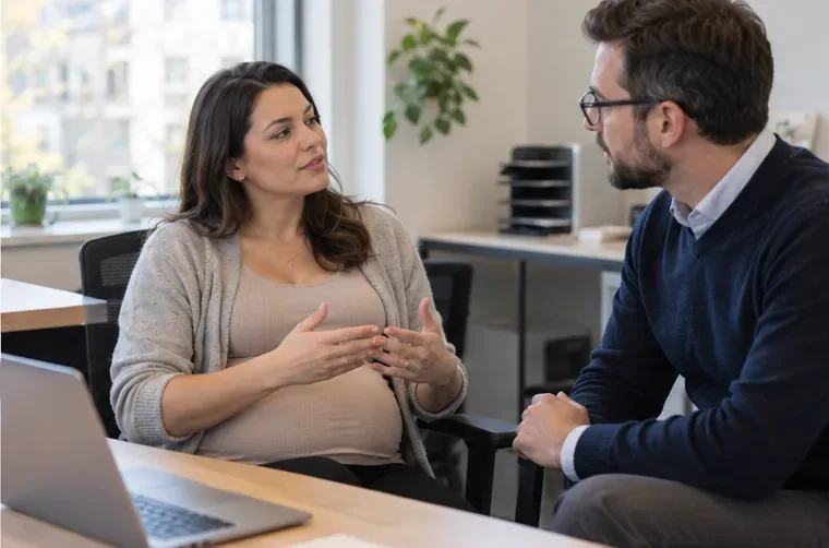 A pregnant worker and her supervisor talk beside a workstation about adjusting the day’s schedule.