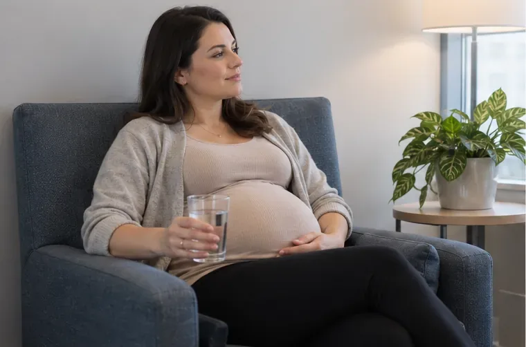 A pregnant worker sits in a quiet office corner with a glass of water during an afternoon break.