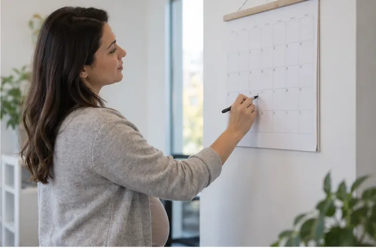 A pregnant worker marks a spot on a wall calendar while planning her afternoon schedule.