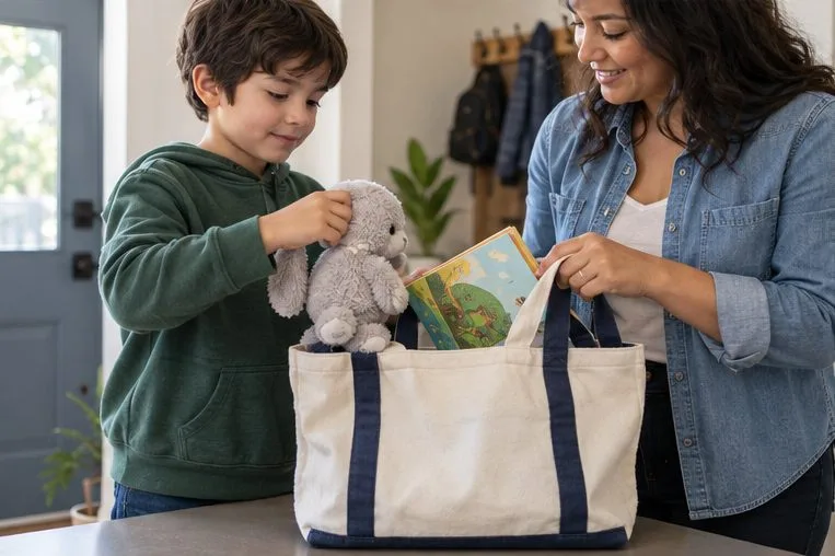 A school-age child places a stuffed animal and picture book into a tote bag with a parent before leaving home