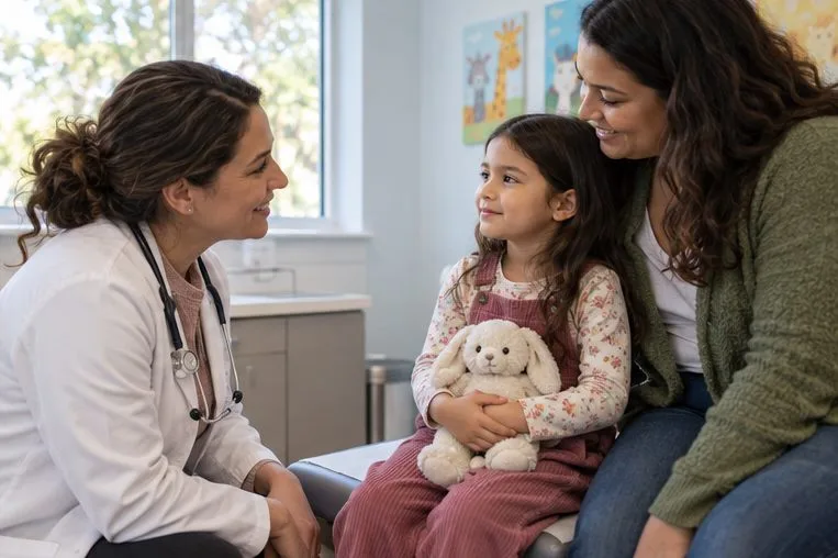 A pediatric clinician speaks with a child at eye level while the child holds a stuffed animal beside a caregiver