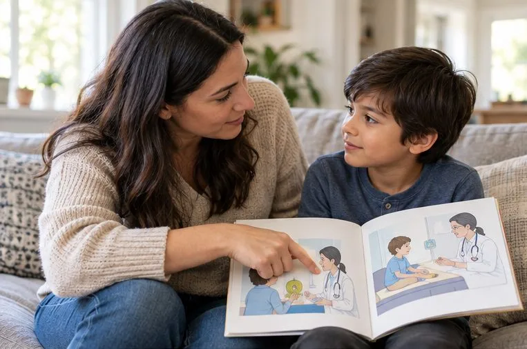 A parent talks with a school-age child while looking at a picture book about a doctor visit at home