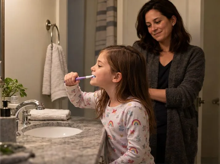 A school-age child brushes her teeth in pajamas while a parent waits nearby in the bathroom.