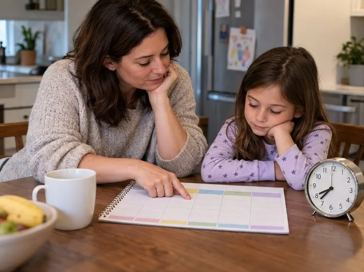 A parent and school-age child look together at a blank weekly planner and an analog clock at the kitchen table.