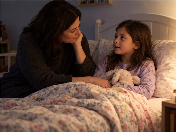 A parent sits beside a school-age child on the bed and listens as the child talks in a softly lit bedroom.