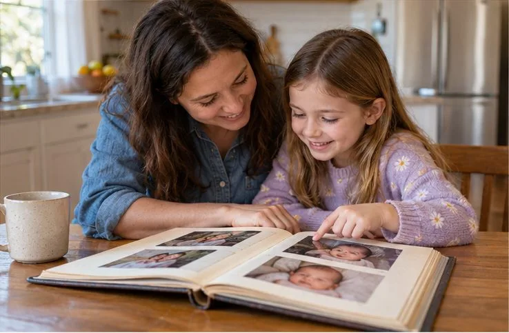 A mother and school-age daughter sit together looking through an open family photo album with baby pictures.