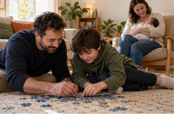 A father and older child work on a floor puzzle while another parent holds the newborn on a nearby sofa.