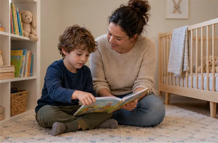 A young child reads a picture book with a parent beside an empty crib in a nursery.