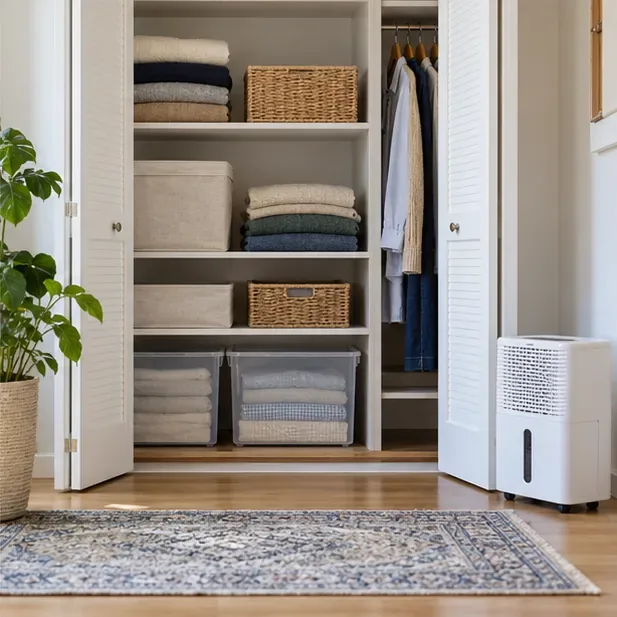 An organized closet has folded clothes on shelves raised off the floor, hanging garments, and a compact dehumidifier nearby.
