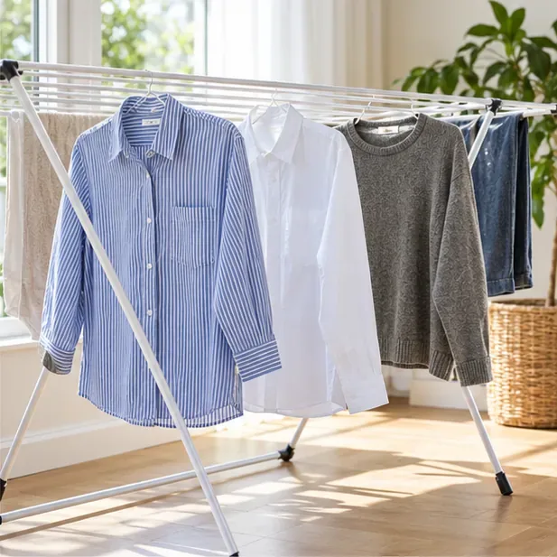 A striped shirt, white shirt, and gray sweater hang spaced apart on an indoor drying rack in a bright room.