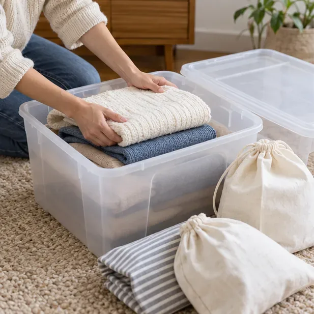 A person places a folded white sweater and blue clothes into a clean plastic storage tote in a bright room.