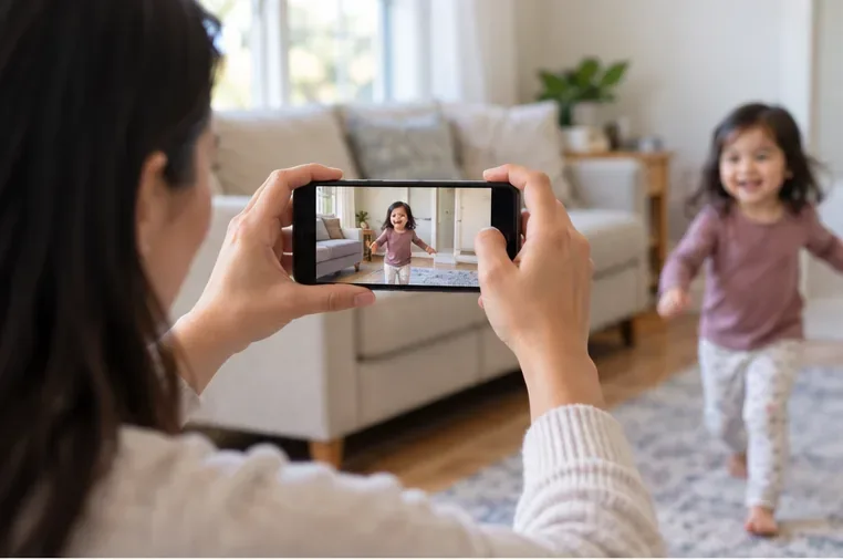 A parent holds a smartphone horizontally with both hands while recording a toddler walking in a living room.