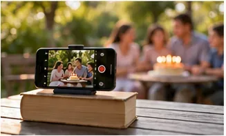 A smartphone rests horizontally on a stack of books while recording a family celebration at an outdoor table.