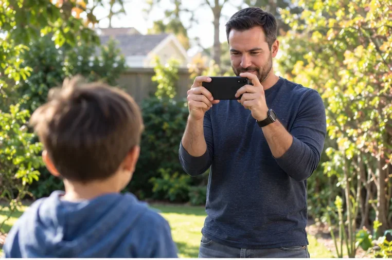 A father films a child outdoors while holding a smartphone with both hands and keeping his elbows close to his body.