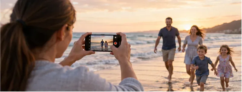A parent records family members walking toward the camera on a beach while holding a smartphone in a steady two-hand landscape grip.