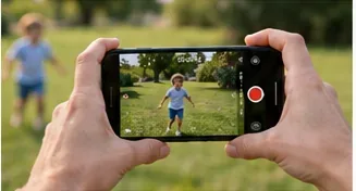 Two hands hold a smartphone horizontally while recording a child running across a grassy yard.