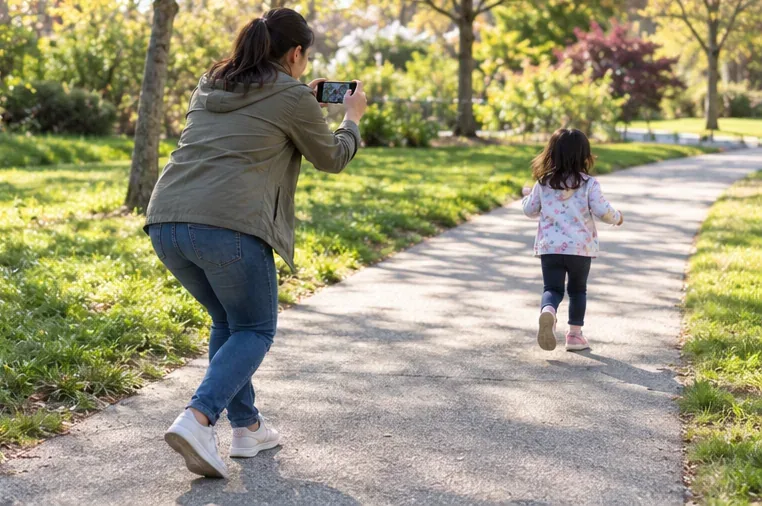 A parent walks carefully along a park path while filming a small child ahead with a smartphone held in both hands.