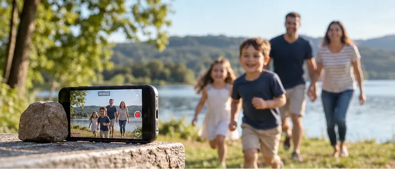 A smartphone is propped securely on a stone ledge while recording a family walking toward the camera beside a lake.