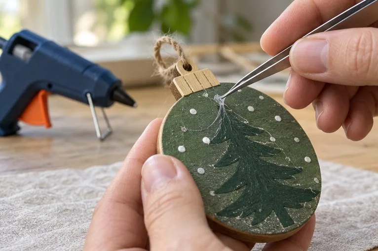 A hand uses blunt tweezers to lift a cooled clear glue strand from a painted wooden ornament.