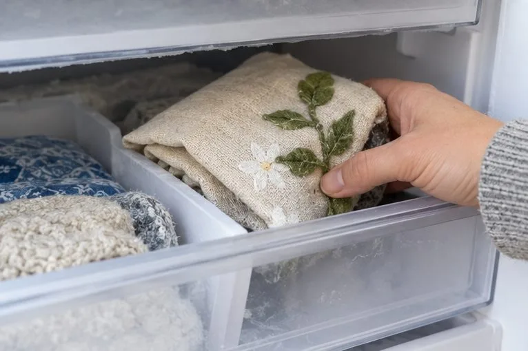 A fabric craft is placed in a freezer drawer to chill a dried hot-glue strand.