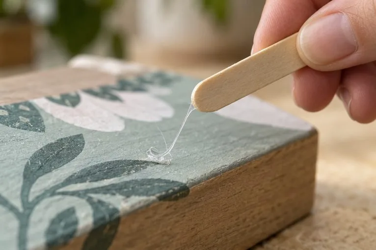 A wooden craft stick raises a thin cooled glue filament from a painted wood surface.