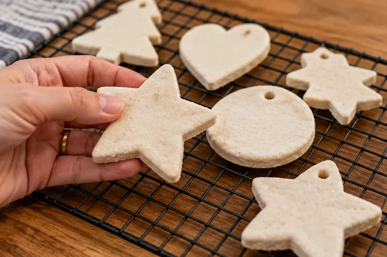 Fully dried unpainted salt-dough stars, hearts, and round ornaments resting on a wire rack while one star is checked by hand