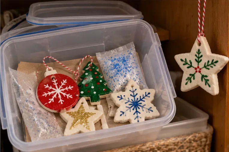 Finished painted salt-dough ornaments stored in a lidded plastic container with desiccant packets and protective paper