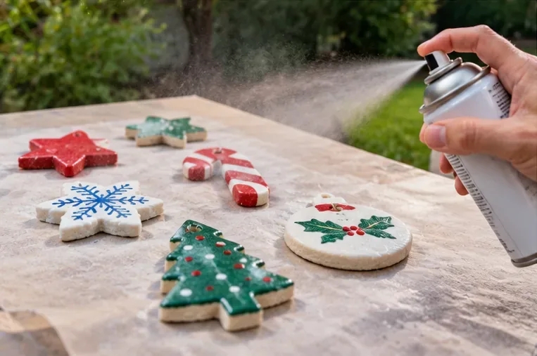 Clear aerosol sealer being applied outdoors in a light mist over painted salt-dough ornaments arranged on a protected table