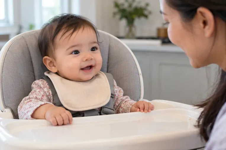 A baby sitting upright and securely strapped in a high chair while a caregiver watches closely