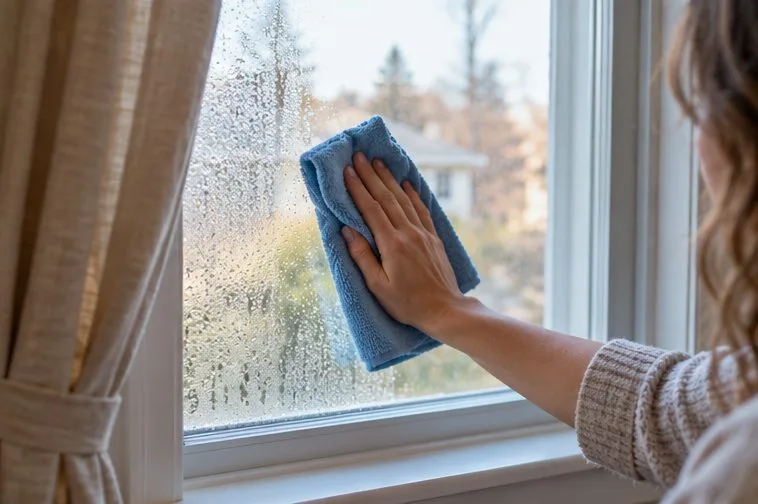 A hand wipes droplets from the inside of a window with a blue cloth while curtains are pulled aside