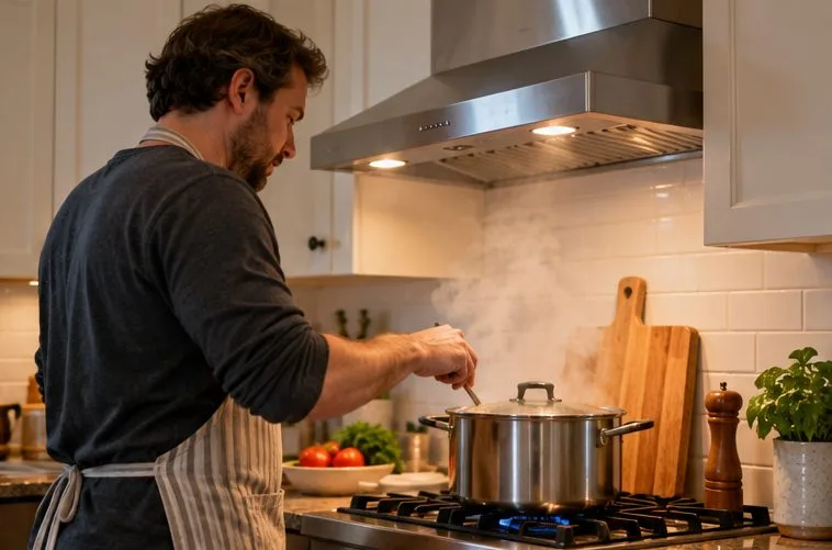A cook stirs a covered pot on a stove beneath a switched-on stainless steel range hood