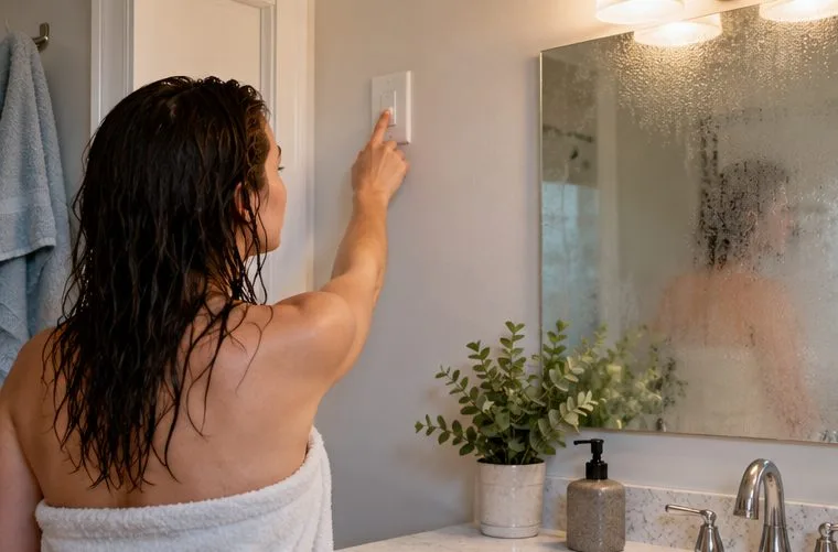 A homeowner reaches for a bathroom wall switch beside a mirror covered with condensation after showering