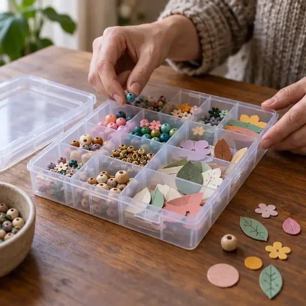 Colorful beads and paper cutouts are being sorted into separate compartments of a clear organizer.