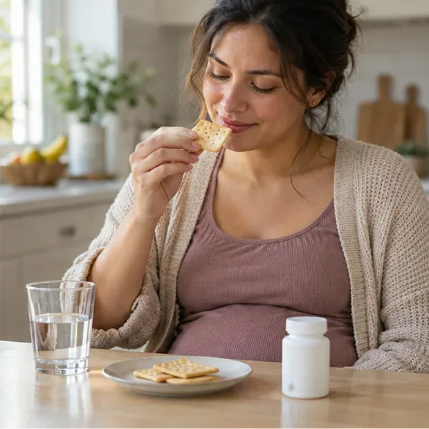 A pregnant adult eating a plain cracker with water and a vitamin bottle nearby.