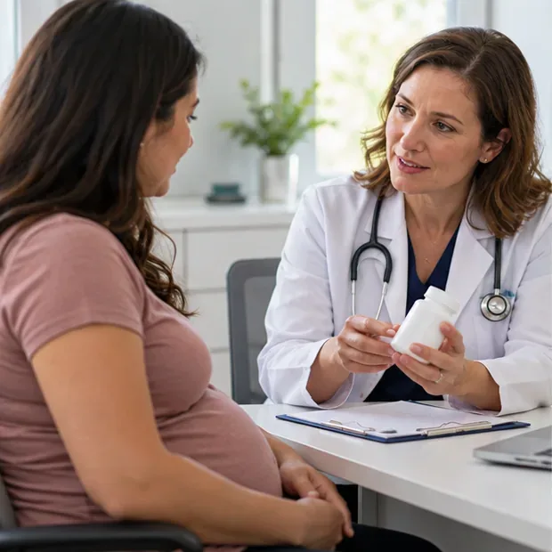 A pregnant patient and clinician reviewing an unmarked supplement bottle together.