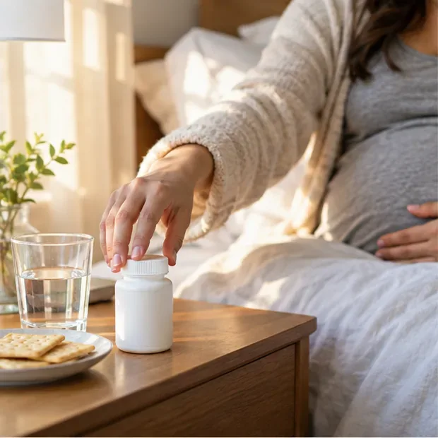 A prenatal vitamin, crackers, and water on a bedside table before breakfast.