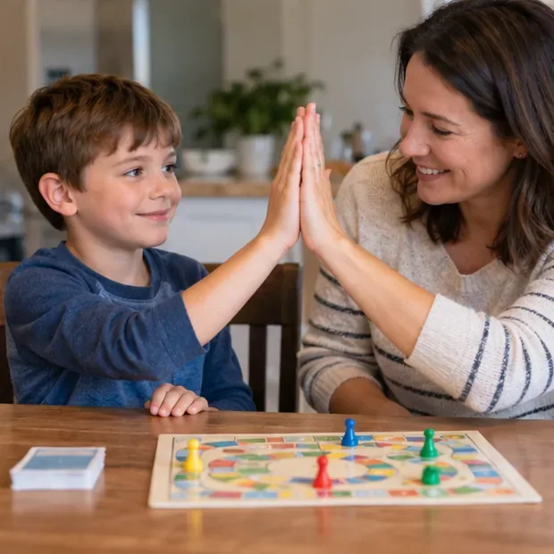 A boy and his mother smiling and giving each other a high-five over a board game after play ends.