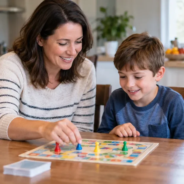 A mother and school-age boy smiling while playing a colorful board game at a kitchen table.