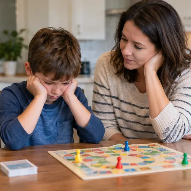 A disappointed boy resting his face in his hands after a board-game loss while his mother watches calmly.